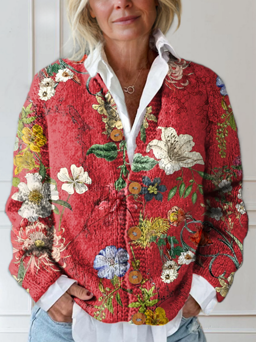 Floral Vintage Button-Up Cardigan Sweater for Women