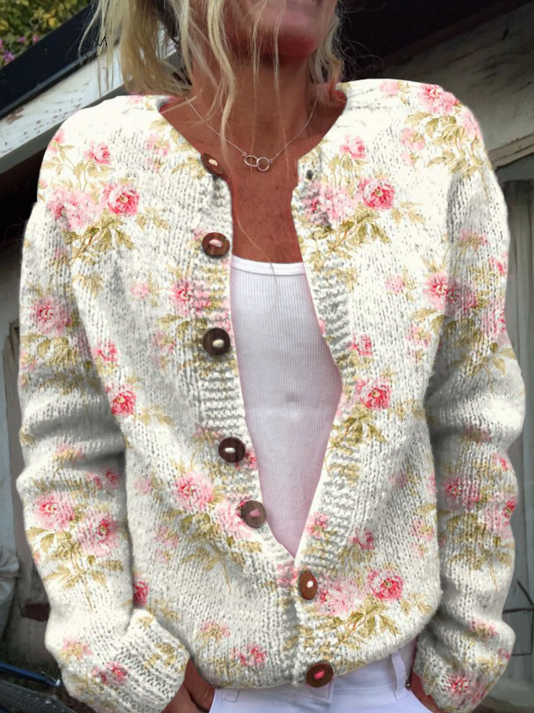 Blossom™ - Buttoned Cardigan Sweater with Pink Floral and Green Leaf Print