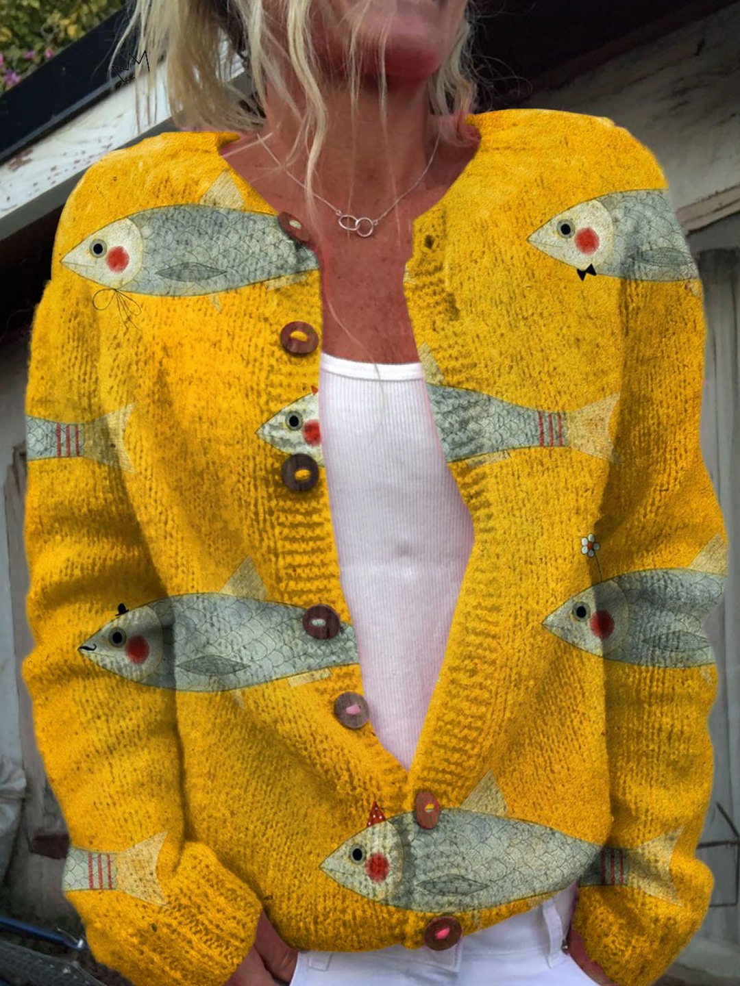 Sardines Art Print Vintage Cardigan Sweater with Buttons