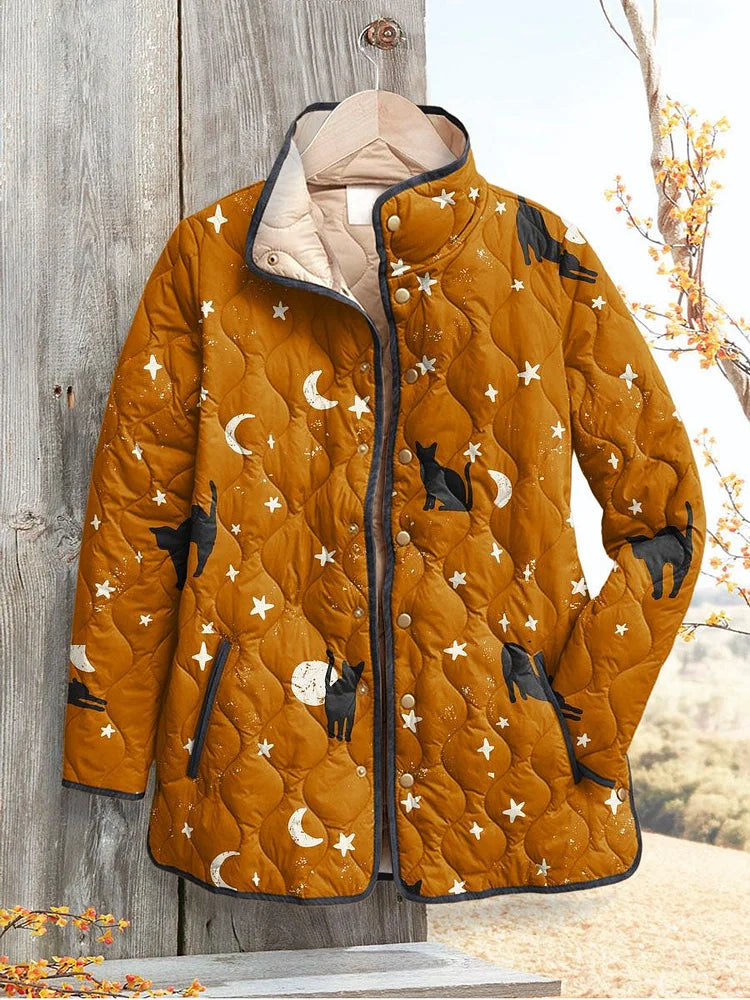 Emily™ - Relaxed Quilted Jacket with Spooky Black Cat Print