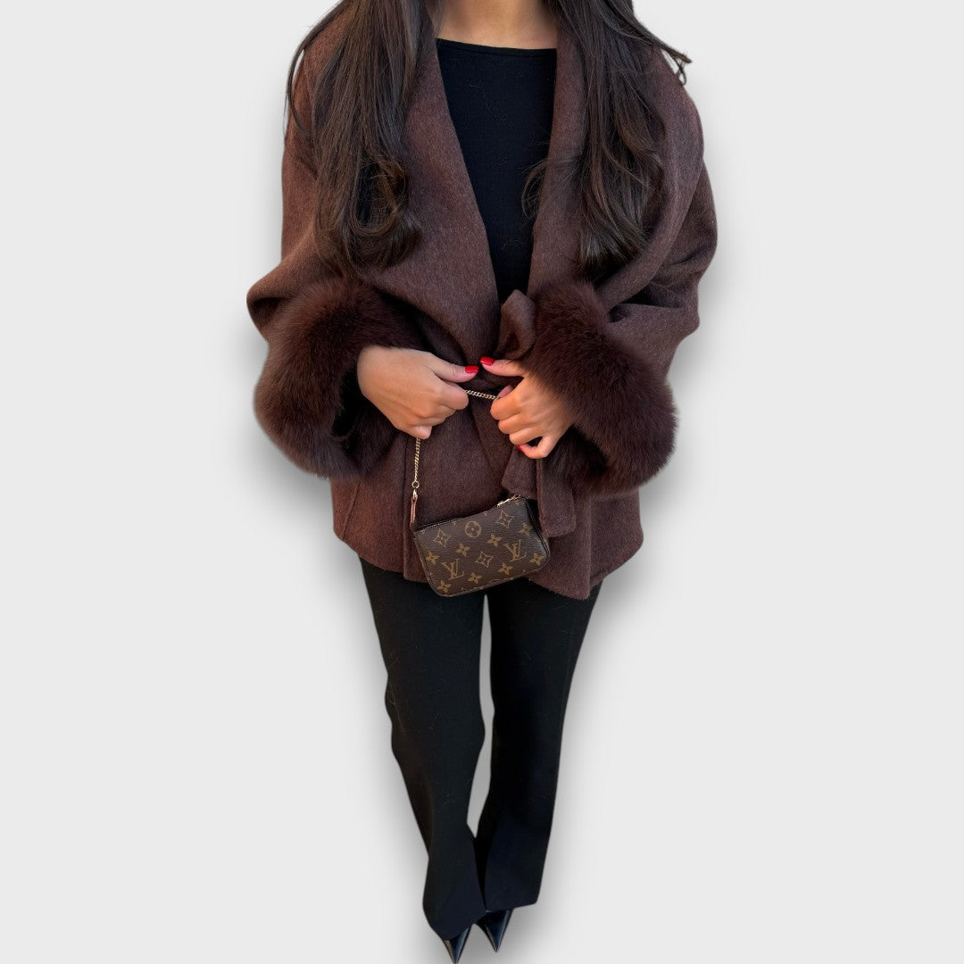 Vienelle™ - Wrap Coat with Deep Brown Fur Cuffs