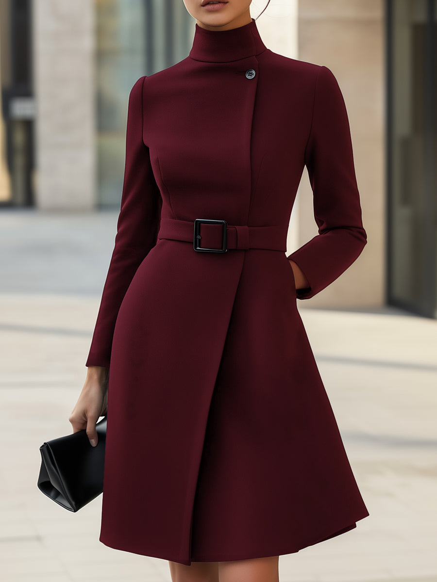 Eliana™ - Chic High-Neck Asymmetric A-Line Dress with Belt