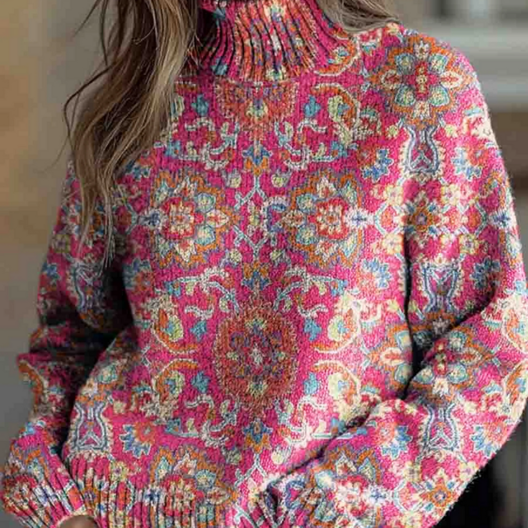Vintage Ethnic Floral Knit Turtleneck