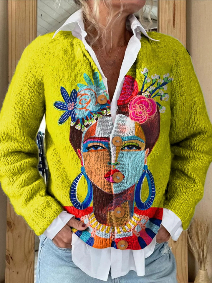 Freda™ - Buttoned Cardigan Sweater with Oil Painting Portrait Art