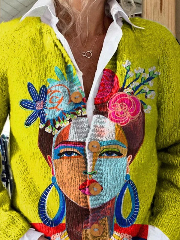 Freda™ - Buttoned Cardigan Sweater with Oil Painting Portrait Art