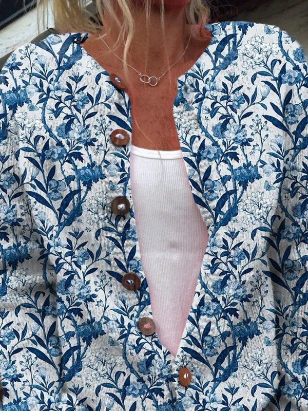 Azure Blossom™ - Buttoned Floral Cardigan Sweater