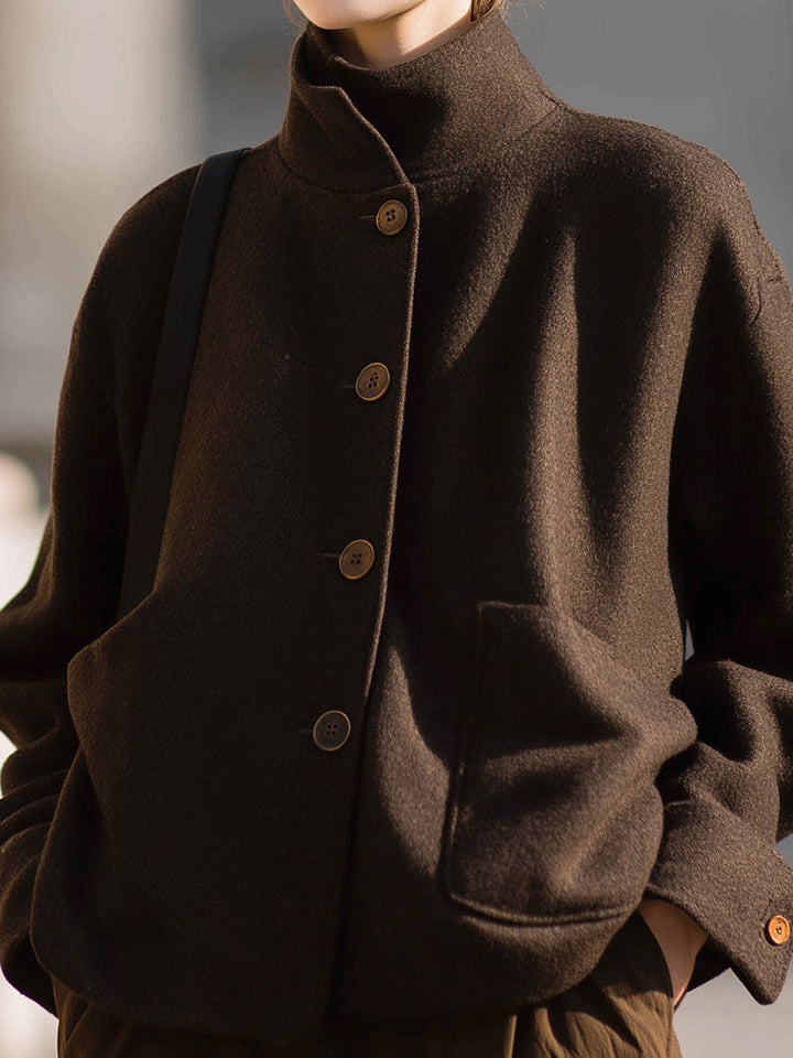 Brown Wool Stand-Collar Jacket - Minimalist Design