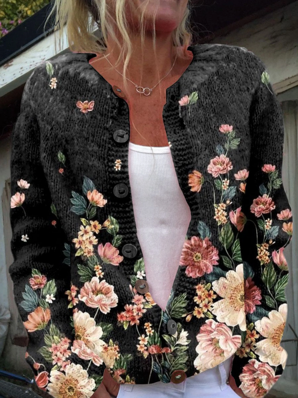 Floral Print Button-Up Casual Cardigan