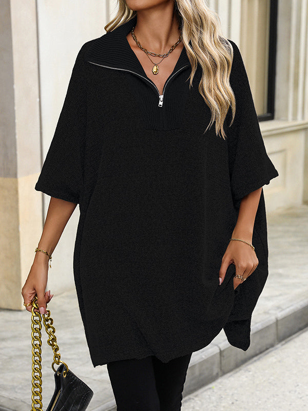 Olivia™ - Zip Collar Knit Poncho Sweater