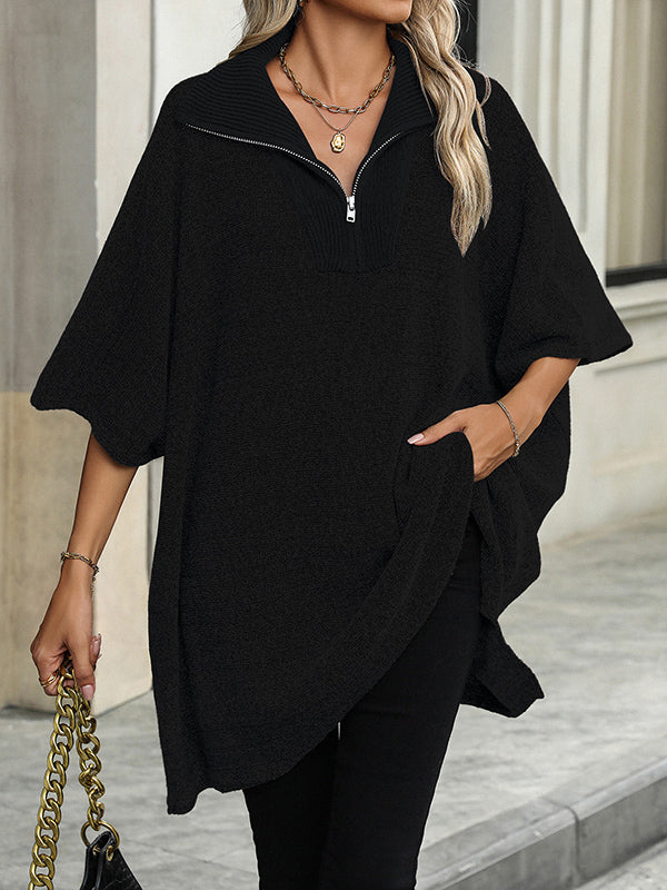 Olivia™ - Zip Collar Knit Poncho Sweater
