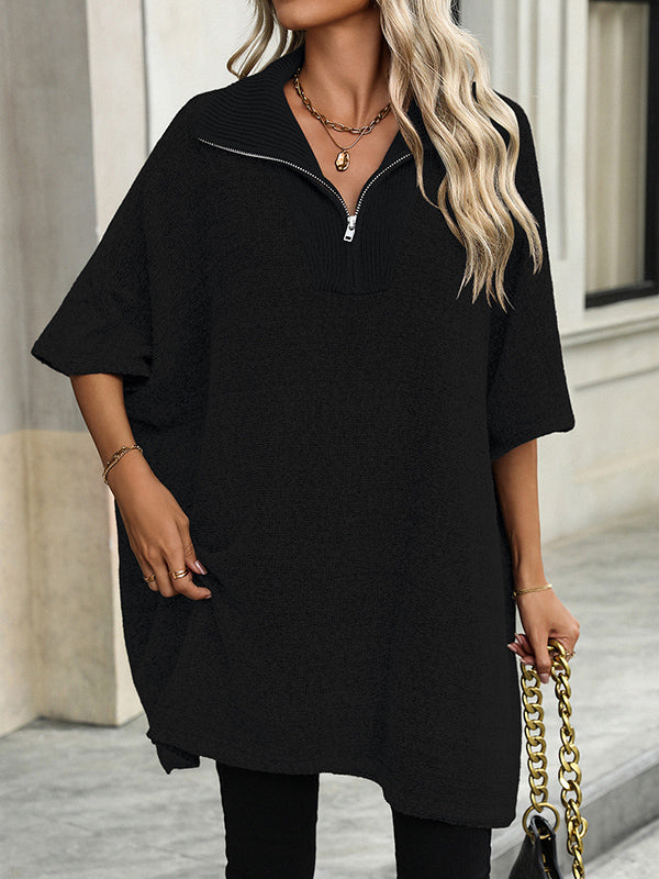 Olivia™ - Zip Collar Knit Poncho Sweater