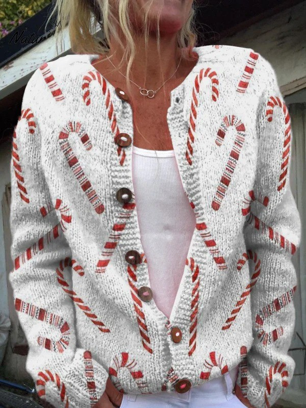 Candy Cane Festive Pattern Button-Up Cardigan Sweater