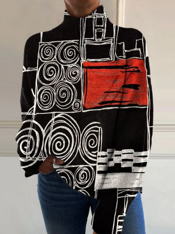 Abstract Circle Color Block Knit Turtleneck Sweater