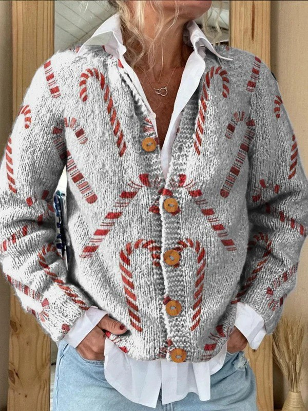 Candy Cane Festive Pattern Button-Up Cardigan Sweater
