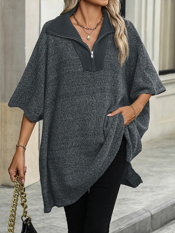 Olivia™ - Zip Collar Knit Poncho Sweater