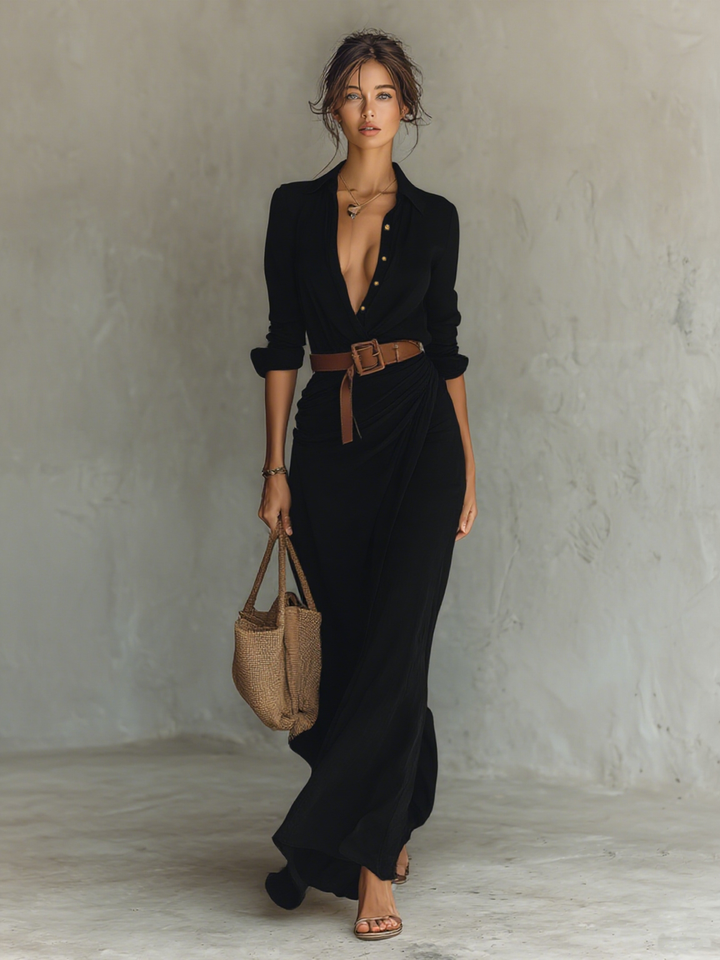 Caliane™ - Elegant Maxi Dress with Belt and Collar Design