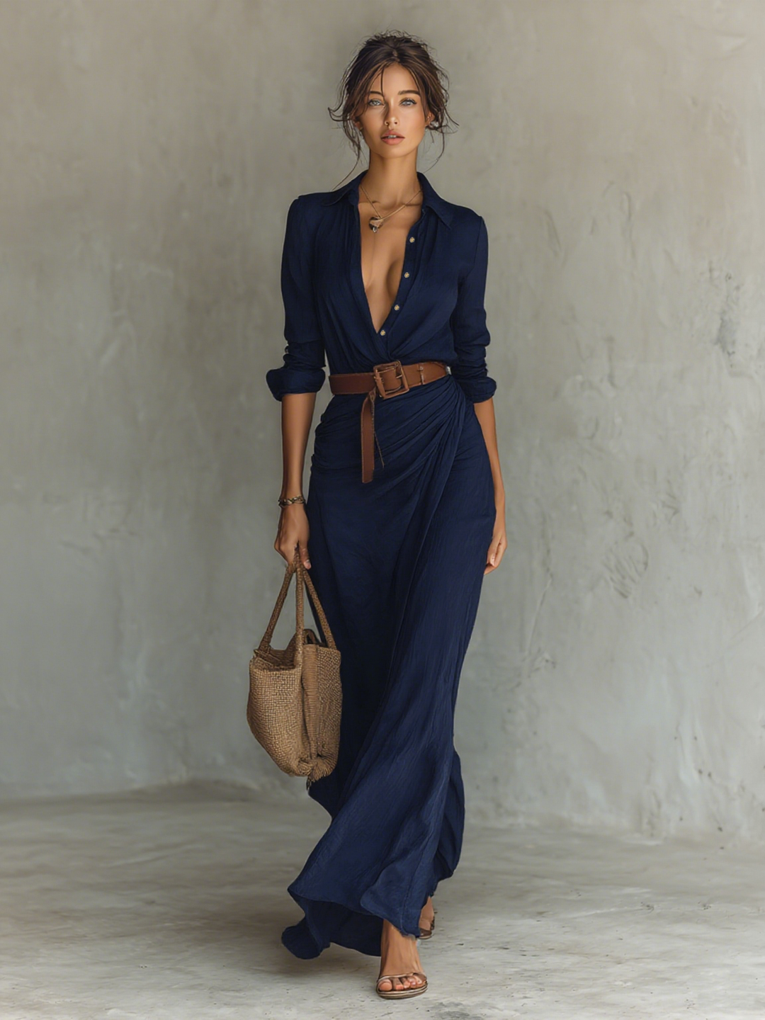 Caliane™ - Elegant Maxi Dress with Belt and Collar Design