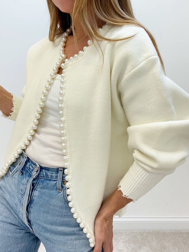 Charlotte™ - Sophisticated Cardigan with Pearl Accents and Distressed Hem