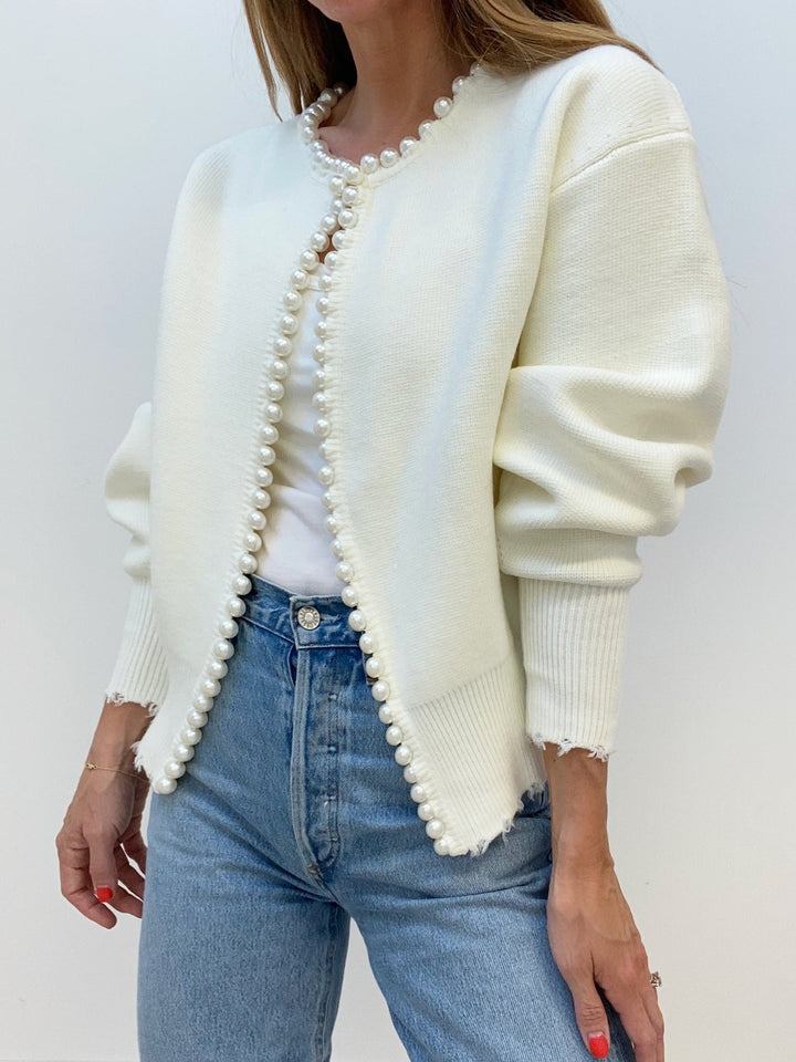 Charlotte™ - Sophisticated Cardigan with Pearl Accents and Distressed Hem