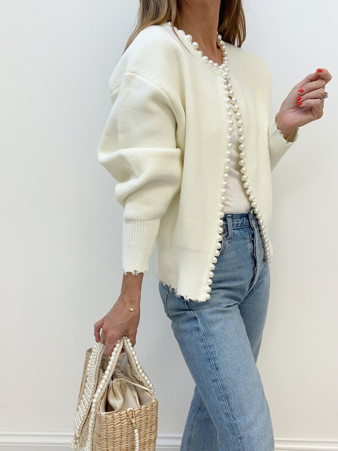 Charlotte™ - Sophisticated Cardigan with Pearl Accents and Distressed Hem