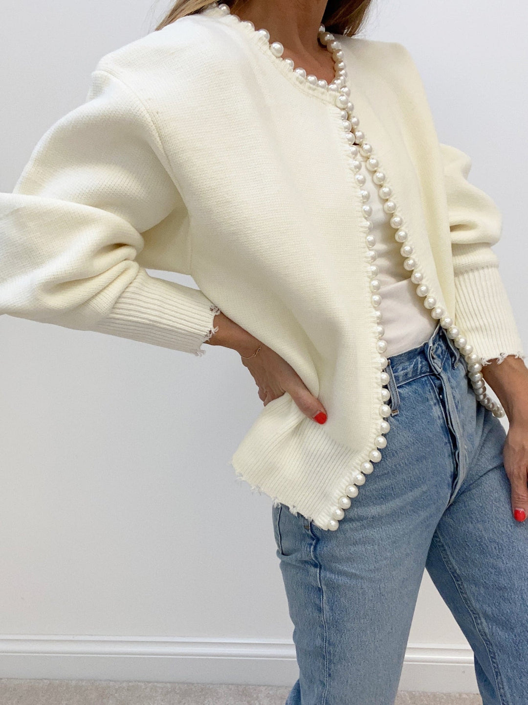 Charlotte™ - Sophisticated Cardigan with Pearl Accents and Distressed Hem