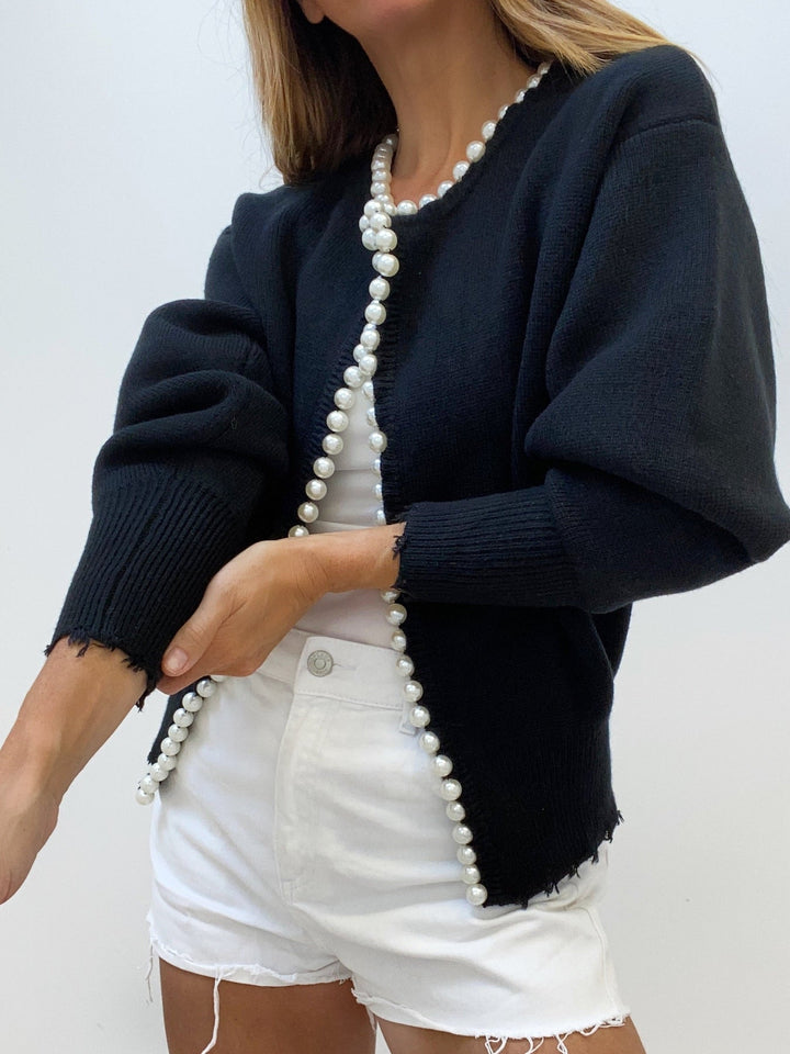 Charlotte™ - Sophisticated Cardigan with Pearl Accents and Distressed Hem