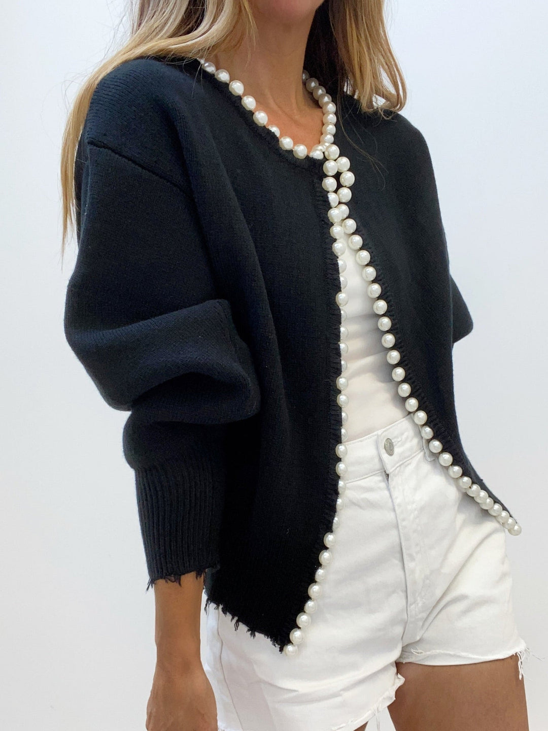 Charlotte™ - Sophisticated Cardigan with Pearl Accents and Distressed Hem