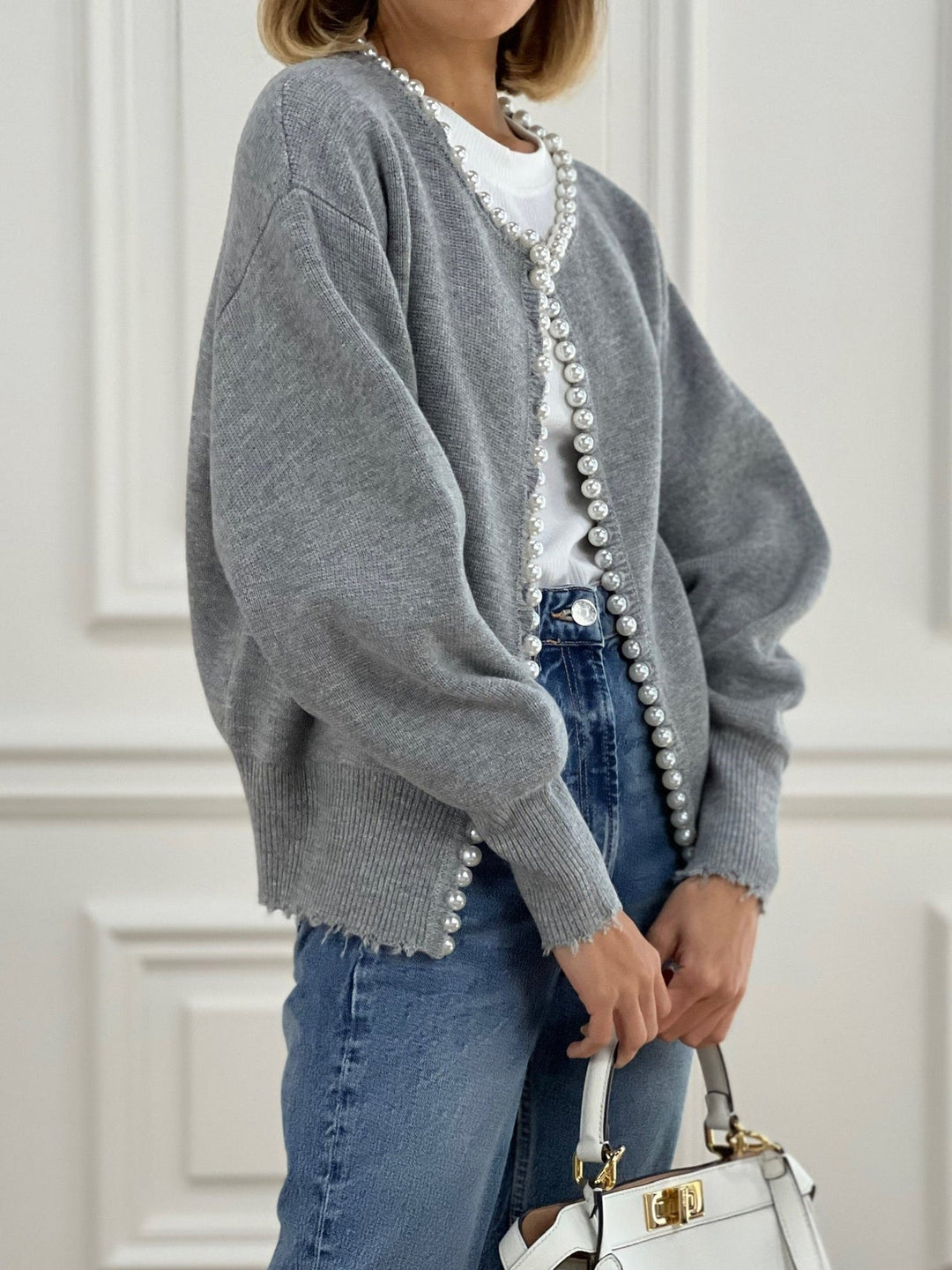 Charlotte™ - Sophisticated Cardigan with Pearl Accents and Distressed Hem