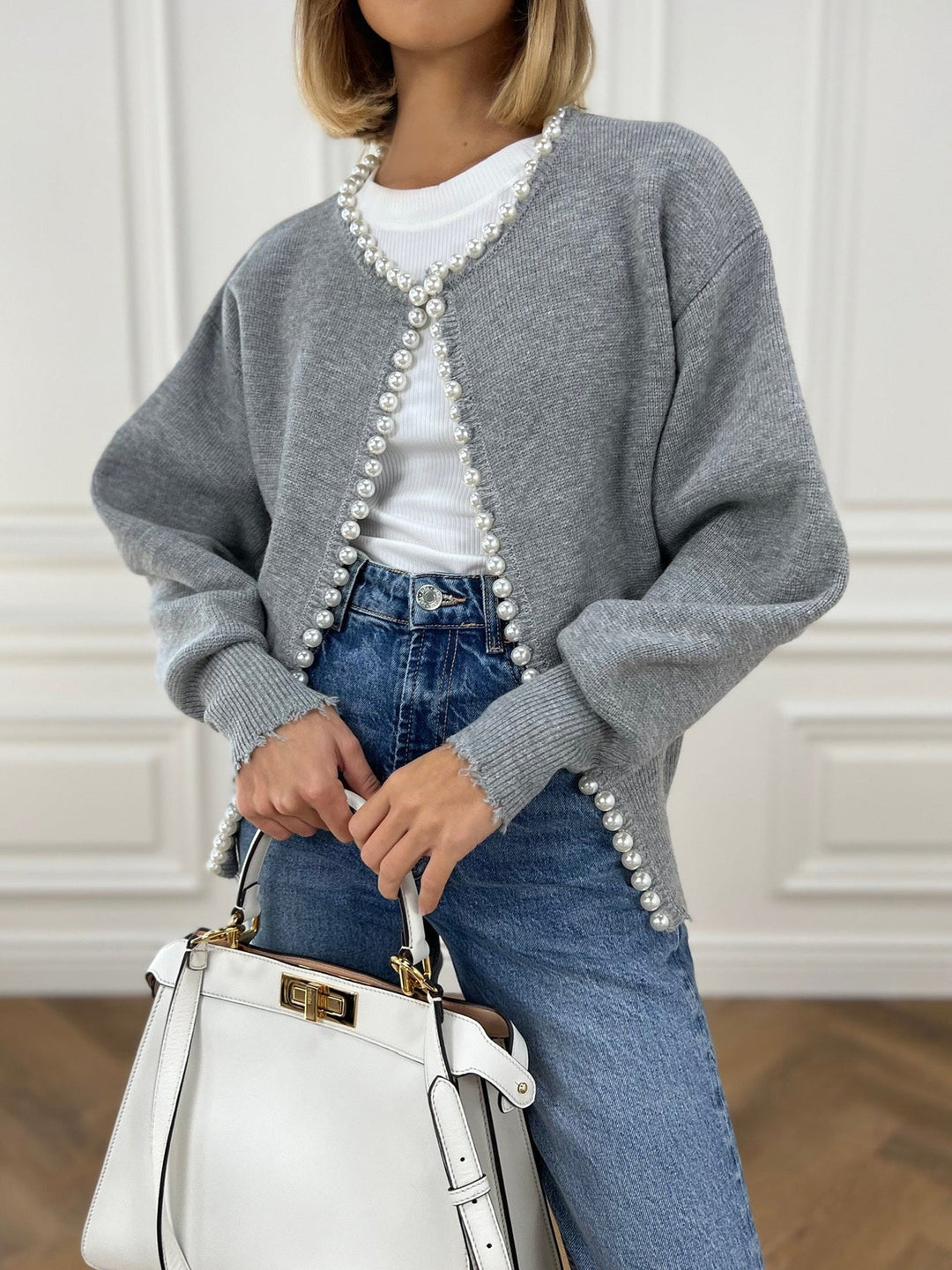 Charlotte™ - Sophisticated Cardigan with Pearl Accents and Distressed Hem