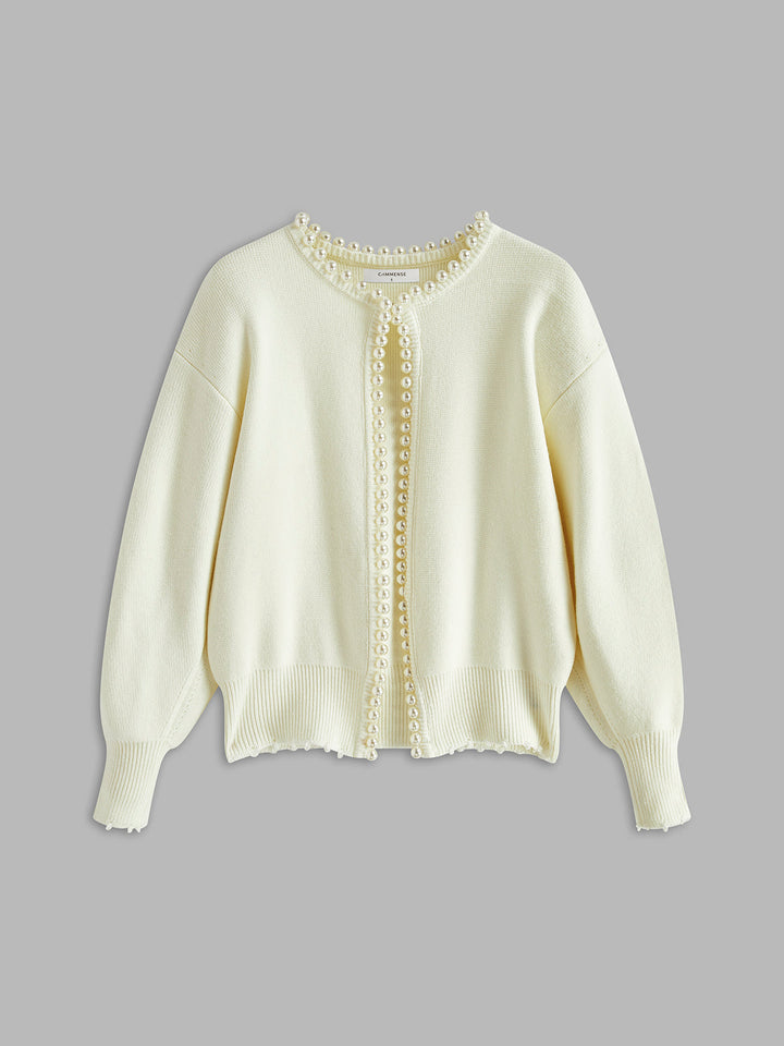Charlotte™ - Sophisticated Cardigan with Pearl Accents and Distressed Hem