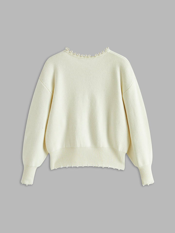 Charlotte™ - Sophisticated Cardigan with Pearl Accents and Distressed Hem