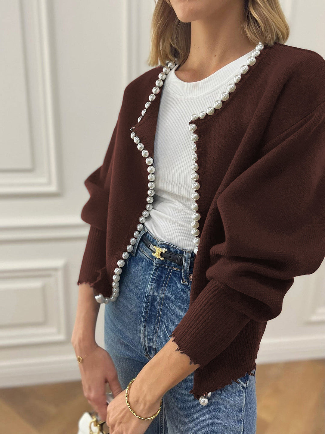 Charlotte™ - Sophisticated Cardigan with Pearl Accents and Distressed Hem