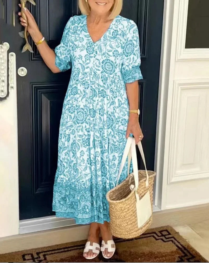 Aria™ - Chic V-Neck Floral Dress