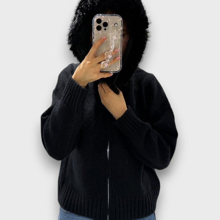 Alisanne™ - Knit Jacket with Zipper and Faux Fur Collar