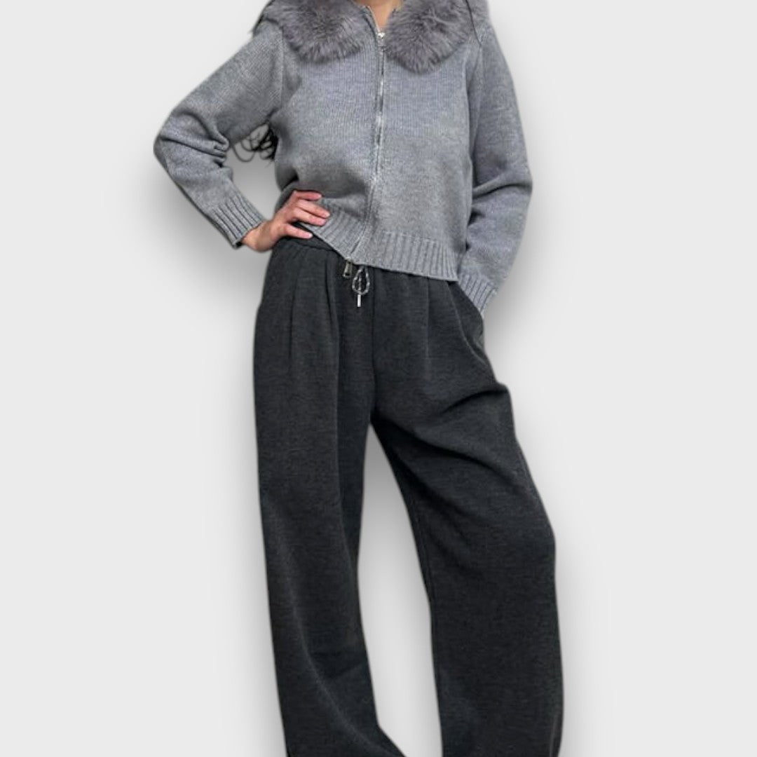 Alisanne™ - Knit Jacket with Zipper and Faux Fur Collar