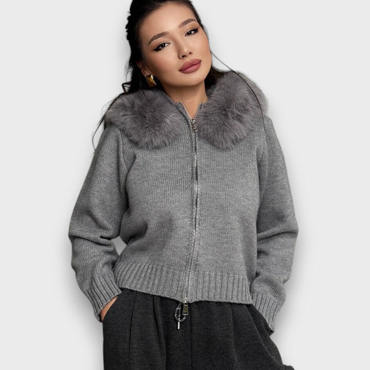 Alisanne™ - Knit Jacket with Zipper and Faux Fur Collar