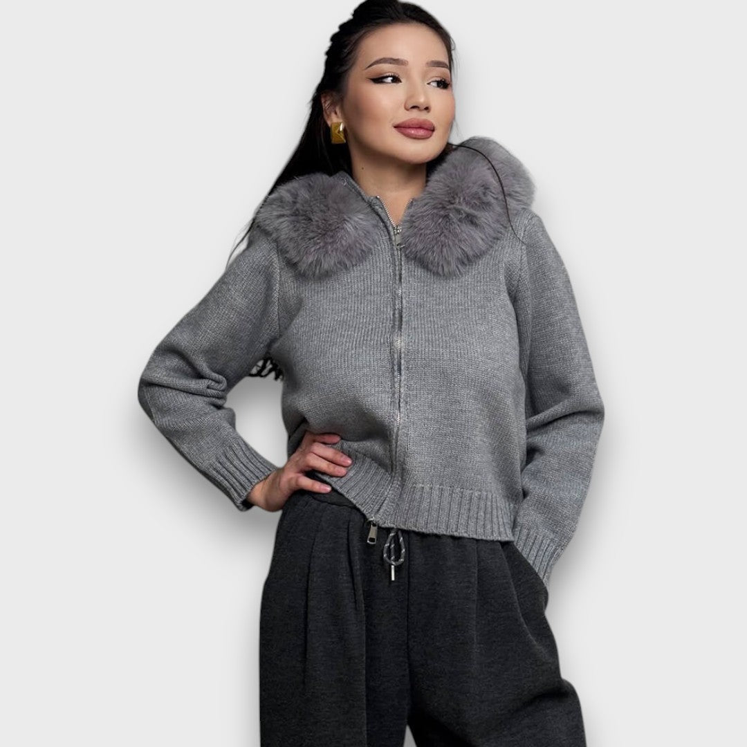 Alisanne™ - Knit Jacket with Zipper and Faux Fur Collar