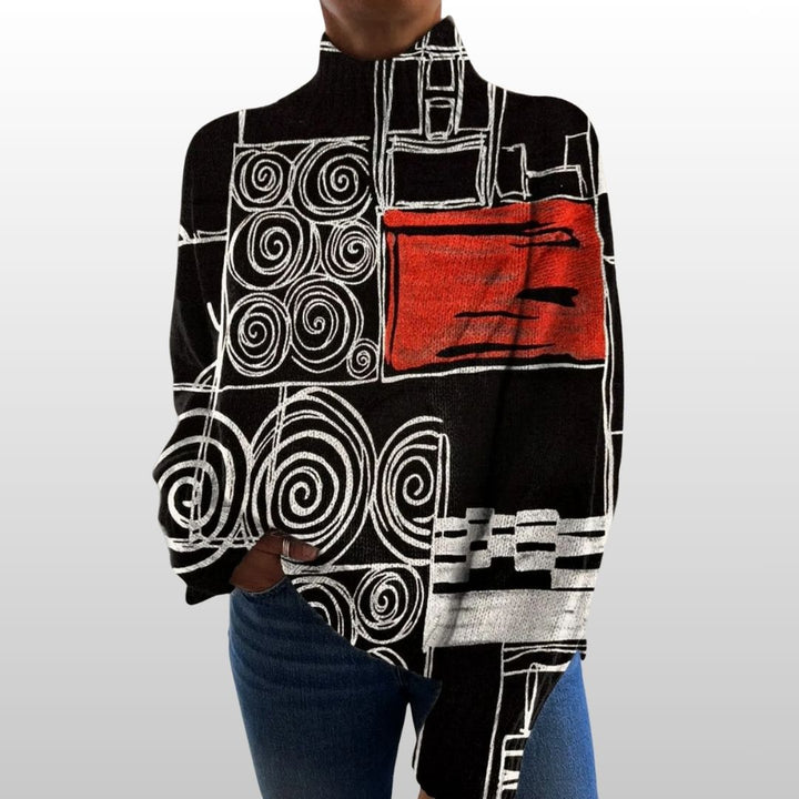 Abstract Circle Color Block Knit Turtleneck Sweater