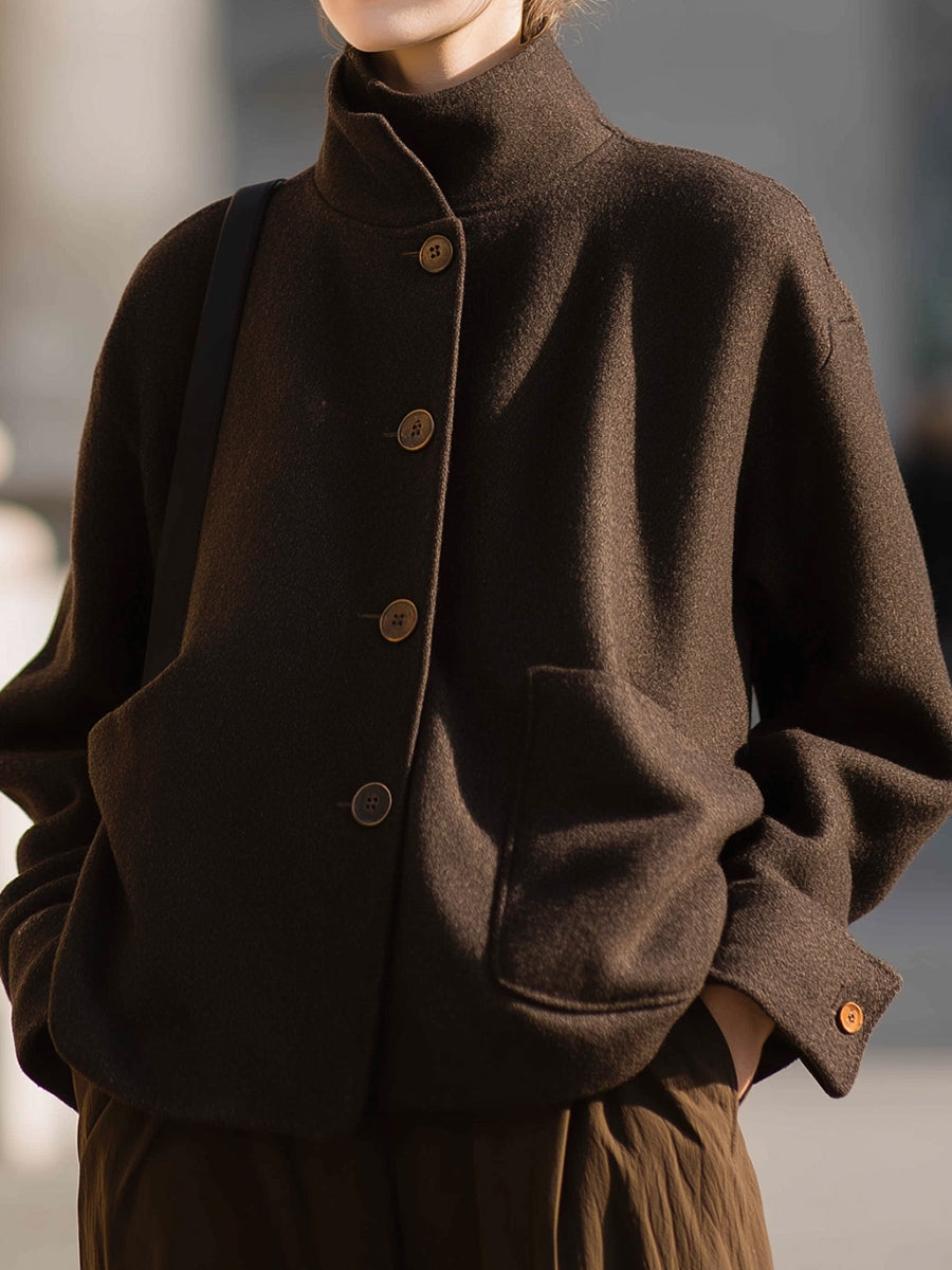 Brown Wool Stand-Collar Jacket - Minimalist Design