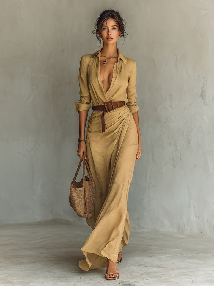 Caliane™ - Elegant Maxi Dress with Belt and Collar Design