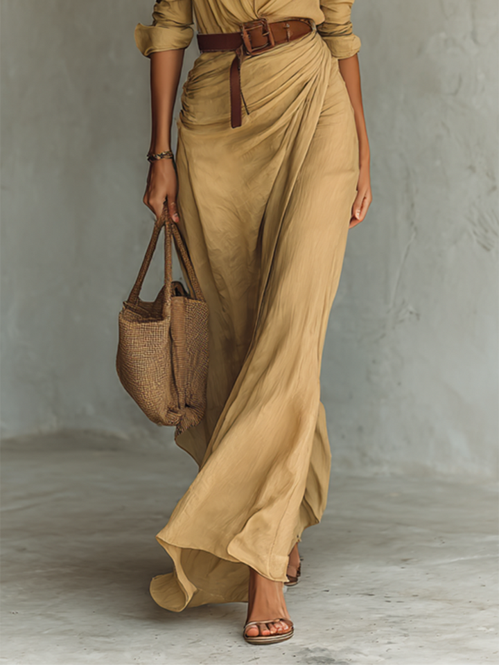 Caliane™ - Elegant Maxi Dress with Belt and Collar Design