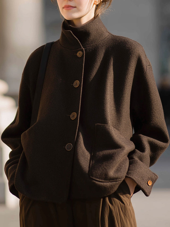 Brown Wool Stand-Collar Jacket - Minimalist Design