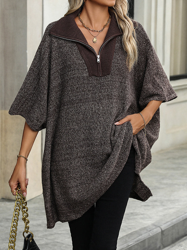 Olivia™ - Zip Collar Knit Poncho Sweater