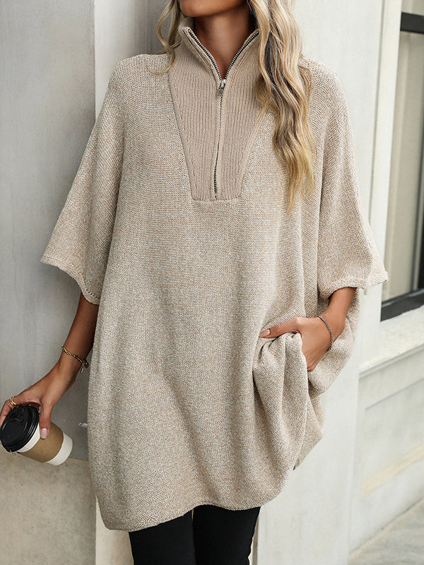 Olivia™ - Zip Collar Knit Poncho Sweater
