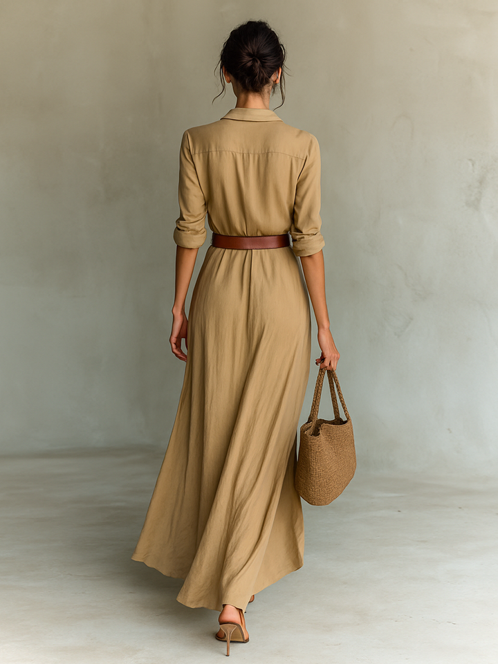 Caliane™ - Elegant Maxi Dress with Belt and Collar Design