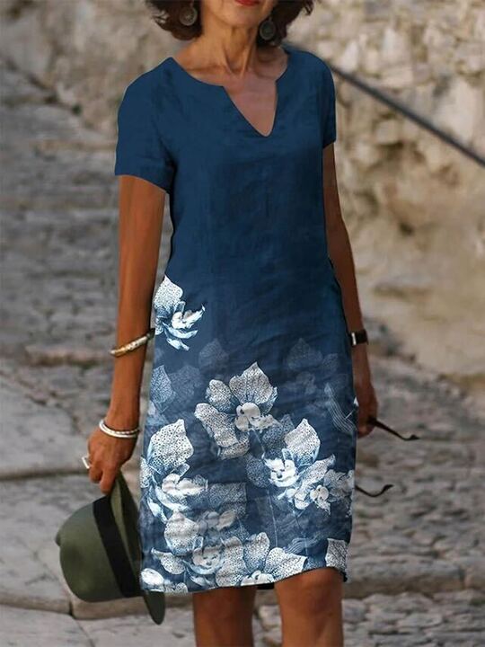 Mara™ - Casual V-Neck Dress in Bloom-Dyed Fabric