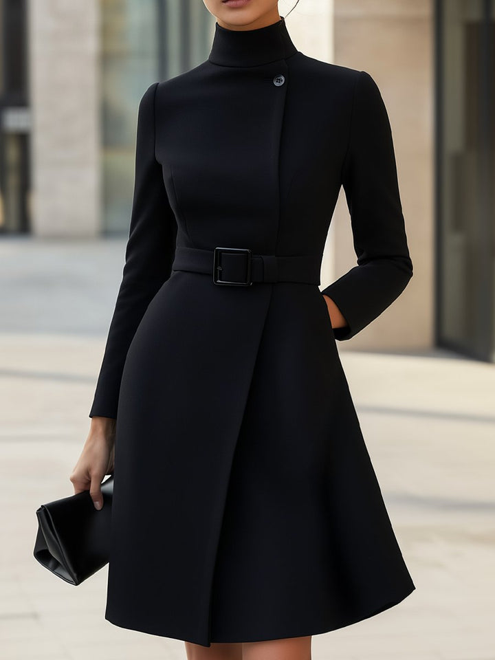 Eliana™ - Chic High-Neck Asymmetric A-Line Dress with Belt
