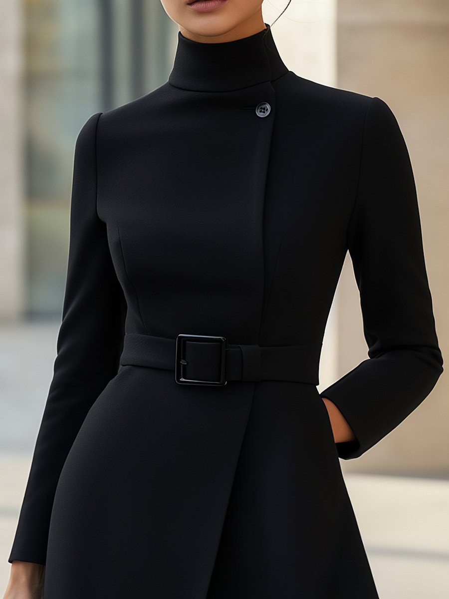 Eliana™ - Chic High-Neck Asymmetric A-Line Dress with Belt